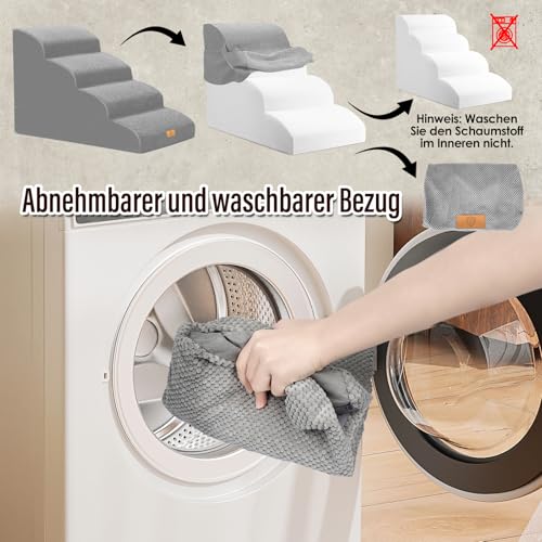 Thihome Hundetreppe 4 Stufen, 50cm hoch Schwamm Haustiertreppe für Hunde und Katzen, rutschfest Haustierleiter Katzentreppe mit Waschbar Bezug für Sofa Bett, Grau
