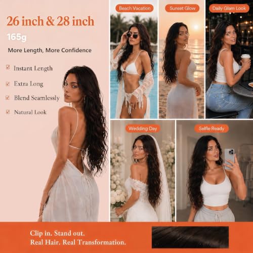 Image of Sunny Hair Clip in Hair Extensions Real Human Hair Brown 26 Inch 165g | Real Hair Clip in Extensions Human Hair Balayage, Extra Long Hair and Fuller Ends with Soft Shiny Hair for Prom Hairstyles