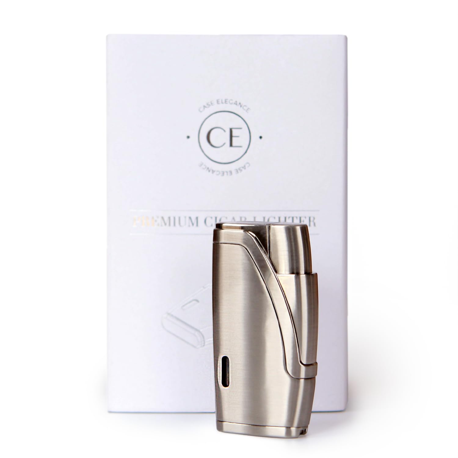 CASE ELEGANCEBrushed Stainless Steel Finish with Double Torch Cigar Lighter