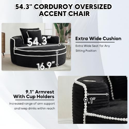Image of Oversized Round Chair Lounge Chaise Indoor, 54.3 inch Upholstered Corduroy Deep Seat Single Cloud Sofa Chair with Cup Holder, Modern Large Circle Boneless Sleeper Sofa for Living Room, Black