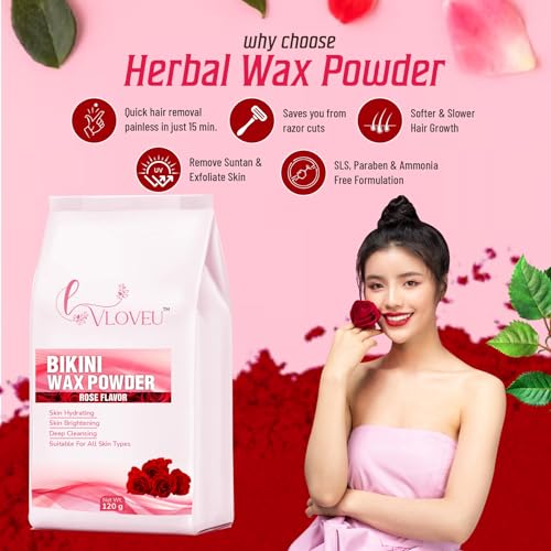 Image of VLOVEU - Rose Bikini Wax Powder for Women - 120g, Pack of 1 | 5 Minutes Painless Herbal Wax Powder for Hair Removal | Easy to Use at Home, No Chemicals - No Irritation, Bikini Wax for Women and Girls