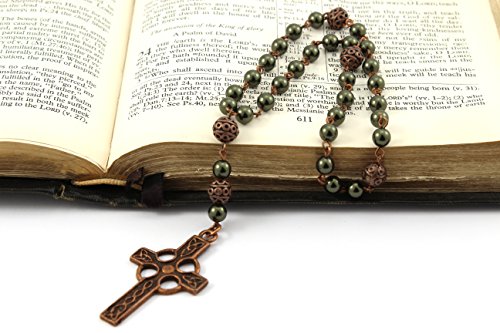 Anglican Prayer Beads With Dark Green Pearls And Celtic Cross In Antique Copper, Anglican Rosary, Pearl Prayer Beads, Custom Rosary #TOP2