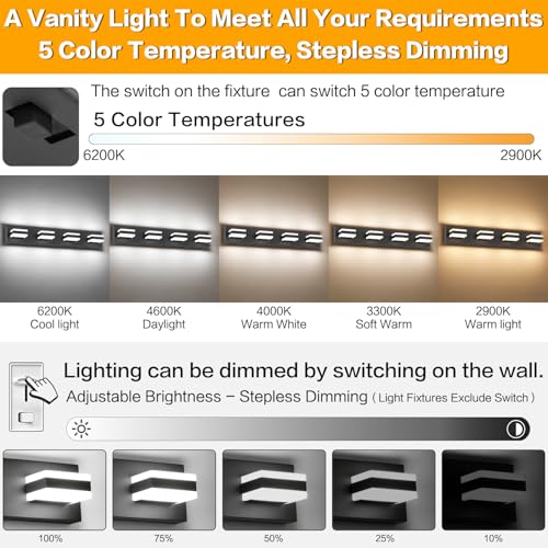 Image of SOLFART 4 Lights Bathroom Vanity Lighting Over Mirror,5 Color Temperature Adjustable Matt Black Vanity Light, LED Light Fixtures, Light Over Mirror ETL Listed