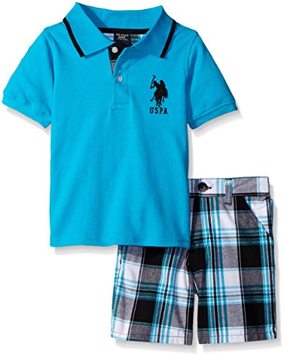 U.S. Polo Assn. Boys 2 Piece Big Pony Solid Pique Polo Shirt and Plaid Short, Neon Turquoise, 12