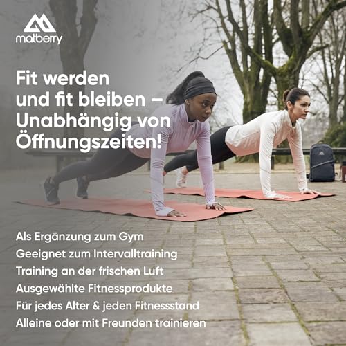 Foto von MATBERRY Power Pack – ALL IN ONE Laufrucksack (11 Teilig) mit Fitness Zubehör, inkl. Faltbarer Yogamatte, Trinkflasche, Springseil, 3xThera-, 3xLOOP-Bändern + Handtuch - rot