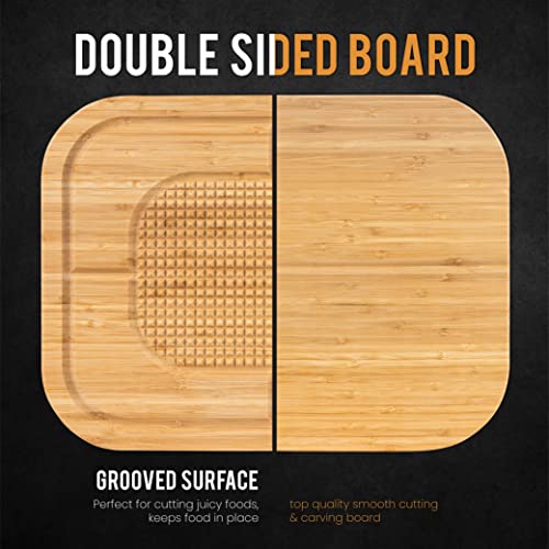 Masirs Bamboo Wood Cutting Board - Reversible Sides for Cutting and Carving, Raised Ridges to Hold Meat in Place and Deep Grooves to Trap Juices. Great for Holiday, Thanksgiving and Christmas Dinner