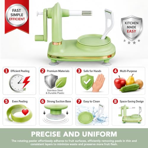 Apple Peeler, Apple Corer Slicer Peeler with Upgraded Stainless Steel Blades Manual Rotating Kitchen Gadget Pear Peeler Includes 2 Replacement Heads for Apple Pear Citrus(Light Green) by CHEOTIME - Image 6