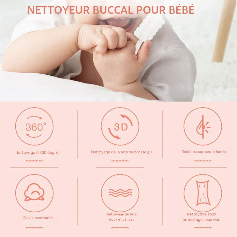 Yolispa Nettoyant buccal pour bébé, lot de 30 brosses à dents jetables pour bébé, gaze de coton douce, bâton de nettoyage de la bouche pour nouveau-né, soins dentaires pour bébé de 0 à 36 mois