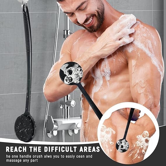 Image of TEKCOOL Premium Soft Silicone Back Scrubber Shower Bath Body Brush with Long Handle Dirt Removal Back Scrubber | BPA-Free | For Men and Women (BLACK)