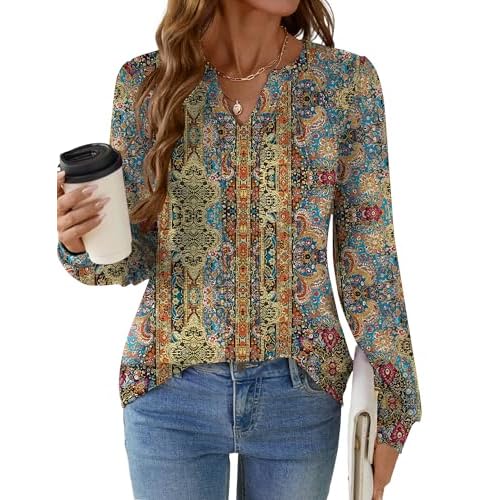 AKEWEI Womens Long Sleeve V Neck Shirts Pleated Business Casual Blouses Fall Loose Tunic Tops