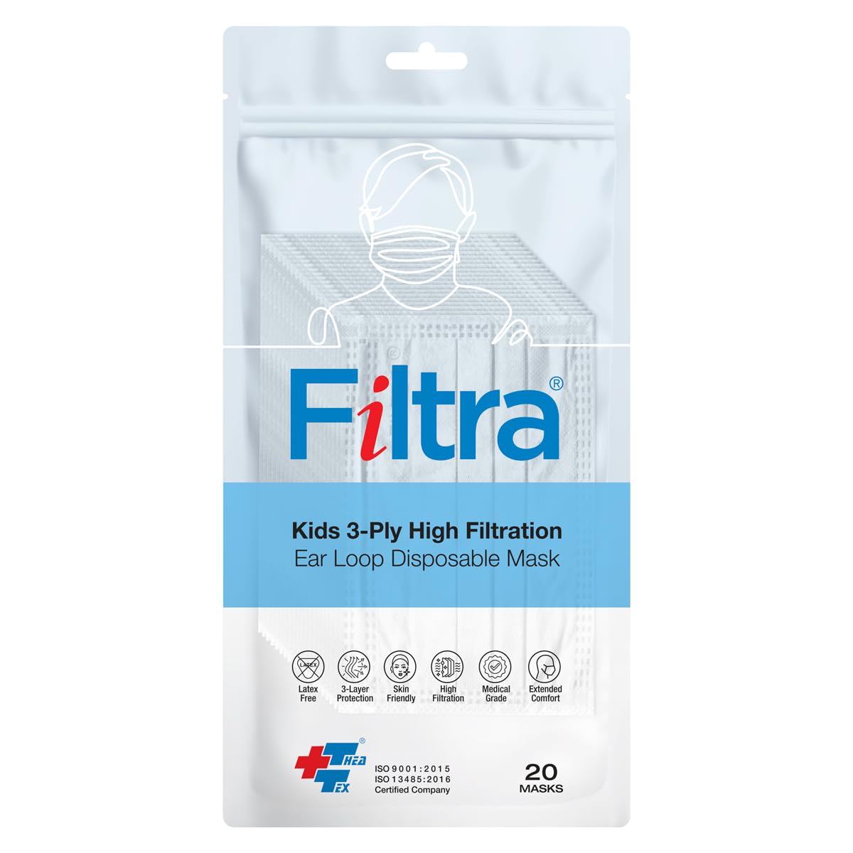 Filtra® 3-Ply Ear Loop Kids Mask | Ages 3-18 | Kids Mask | Children's Mask | Ladies Mask | High Filtration | New extra tough courier packing | Travel Zip Lock Pouch of 20 Masks (White)-image-37