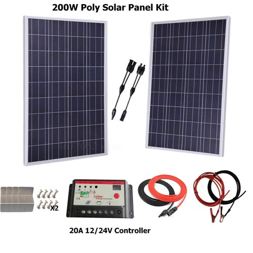 SISHUINIANHUA 200W Solar Panel Polycrystalline Solar Panel System Kit W/20A LED Solar Charge Controller, Solar Cable, Battery Cable Z Bracket