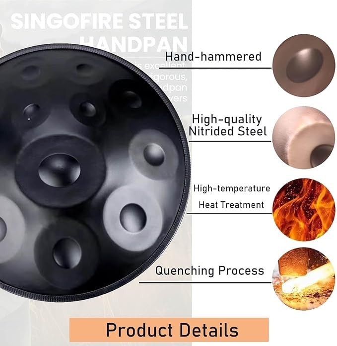 Handpan Drum 22 Zoll D-Moll - 9/10/12 Note Stahlinstrument mit Softbag, Schlägeln und Ständer, abgestimmt auf 432Hz und 440Hz