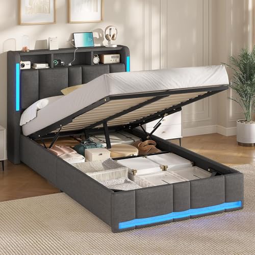 AOGLLATI Cama Individual 90x200 cm, Cama Canape con Almacenamiento Hidráulico y iluminación LED, Somier con Estación de Carga y Cabecero Tapizado, Moderno, Gris Oscuro, Sin Colchón