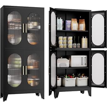 155 H Metal Kitchen Pantry Storage Cabinet Freestanding Cabinet with 4 Acrylic Glass Doors and 2 Adjustable Shelves Standing Storage for Kitchen Bathroom Garage or Dining Room Black