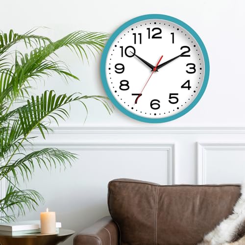 Image of Roymnie 8 Inch Small Wall Clock, Battery Operated Silent Non Ticking Blue | analog wall clock; bold numerals for easy reading; silent non-ticking; 1 AA battery (not included); for classroom