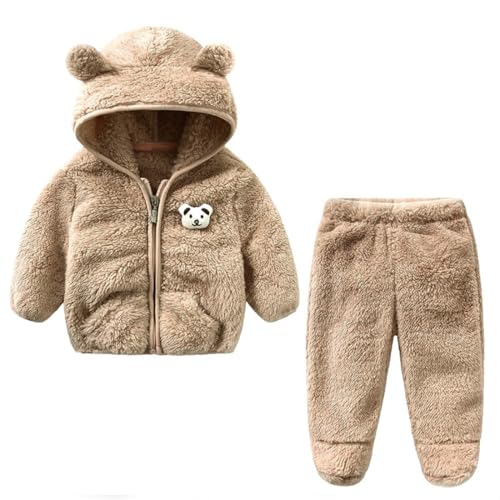Image of Baby Teddy Bear Ear Soft Flannel Long Sleeve Hoodie & Leggings Unisex All Season Clothing Set For Baby Boys And Baby Girls