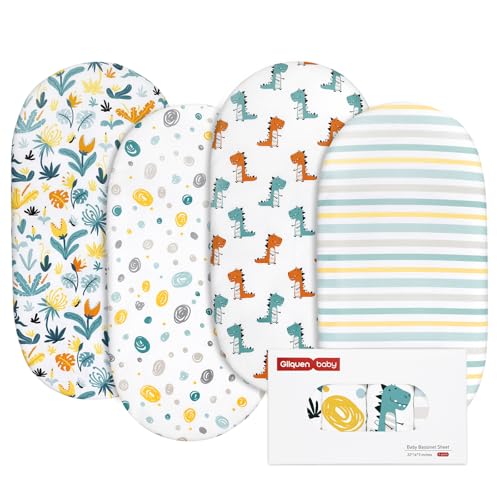 Image of Gllquen Baby Bassinet Sheets 4 Pack, Breathable Cozy Fitted Mattress Sheet, Elastic Travel Crib Fashionable Floral Pattern, Standard Cradle Safe Sheets for Baby Boys Girls 32"x16"(Dinosaur)