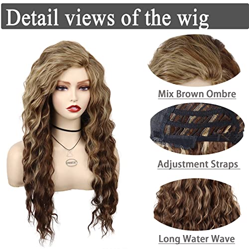 Image of GNIMEGIL Long Wavy Wigs for Women Brown Mixed Blonde Ombre Curly Wig with Loose Part Wave Fluffy Hairline Natural Looking Hair for Daily Party Halloween Costume Fashion Style Synthetic Wigs