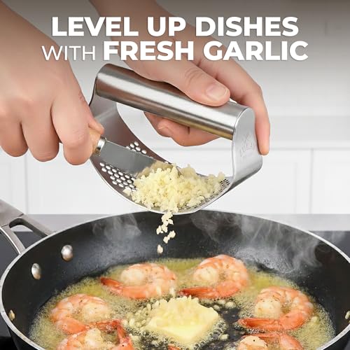 Image of Zulay Kitchen Stainless Steel Garlic Press Rocker Set - Time Saving, Durable Strong Garlic Mincer Tool - Easy to Use & Clean Garlic Crusher Set with Peeler and Scraper Kitchen Gadget Smasher