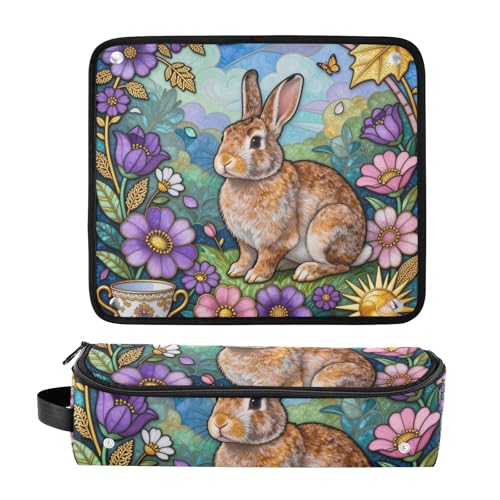 Bolsa de viaje para herramientas de cabello con almohadilla resistente al calor para plancha y rizador, organizador impermeable, diseño con conejo y flores miniatura 3