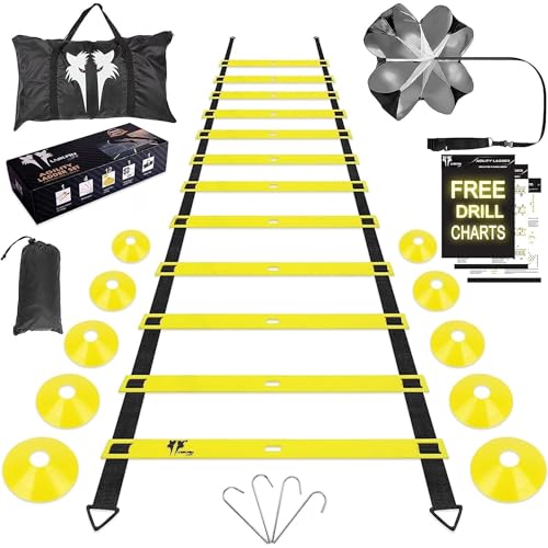 LYKAN FIT 20ft Sports Agility Ladder for Men Women and Kids, Speed Youth Soccer Agility Training Equipment for Football, Exercise, Tennis, Legs Workout with Speed Parachute and Carry Bag