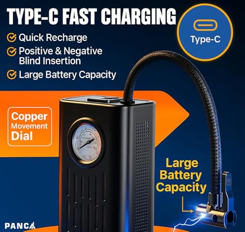 Image of PANCA Cordless Air Pump Portable Tyre Inflator with Pressure Gauge, 5000mAh Battery & Multiple Nozzle Attachments | 150 PSI Wireless Mini Air Compressor