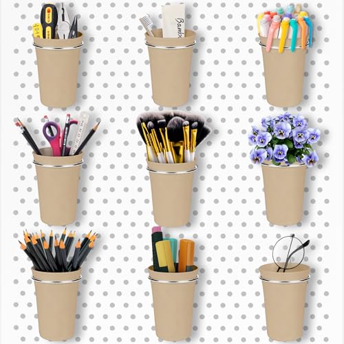 Image of Pegboard Cups With Loops, 9 Pack Khaki Peg Board Pencil Holder Organizer | 1 /8 inch 1 /4 inch Pegboard Accessories, Plastic Hanging Organizer Cups, Tool Organizer Set for Garage Craft Workshop Hobby Storage