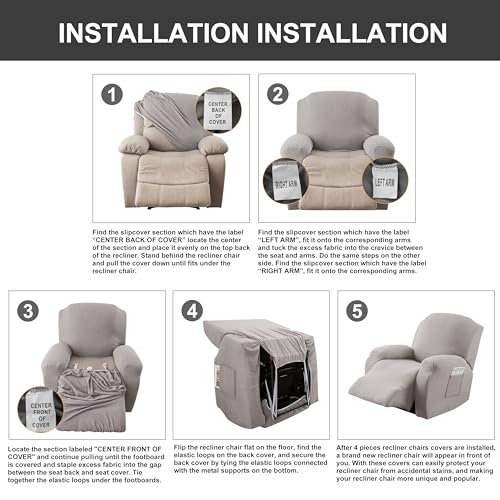 Image of Genina Recliner Chair Covers, Stretch Reclining Chair Cover, Recliner Sofa Slipcovers Stripe Jacquard Lazy Couch Covers Furniture Protector Covers for Pet Kid (Light Grey, 1 Seat)