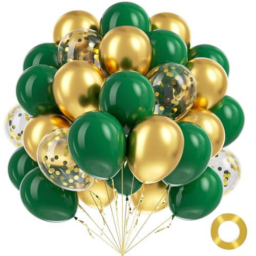 Image of BAUANOOY Green and Gold Balloons, 60pcs 12 Inch Metallic Chrome Gold Dark Green Balloon Latex Balloons for Wedding Graduation Jungle Birthday Party Decorations