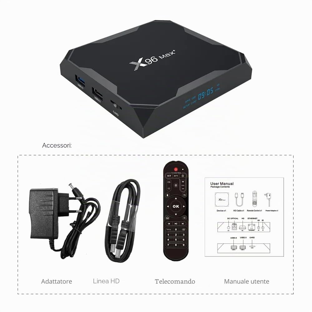 Box TV X96 Max Plu 4 GB di RAM e 32 GB di ROM Box Android TV Box Media Player di alta qualità (Android 10.0) con telecomando e cavo HDMI, lettore multimediale Box TV 4K