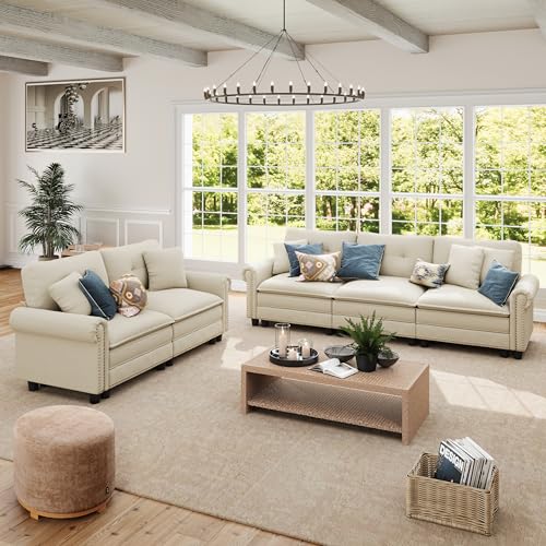 Image of SUNSHINE VALLEY 2-Piece 5-Seater Cloud Modular Sofa Set, Oversized Mid-Century Modern Couch Set with Loveseat and Throw Pillows, Extra Deep & Wider Cushions for Living Room, Chenille Beige