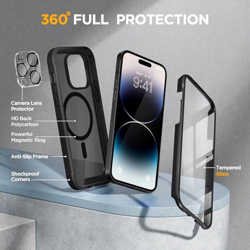 Image of Miracase Magnetic for iPhone 14 Pro Case 6.1 inch, (Compatible with MagSafe) Upgrade Full-Body Clear Phone Bumper Case with Built-in 9H Tempered Glass Screen Protector, Magnetic Matte Black