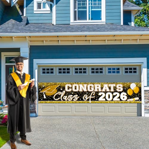 Image of Large Congrats Grad Banner Gold Class of 2026 Banner Backdrop Graduation 2026 Yard Sign for Graduation Party Supplies Graduation Decorations 2026 (Gold)