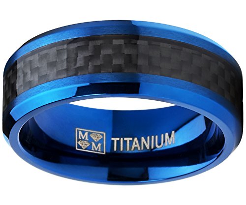 Men's Titanium Wedding Band, Engagement Ring, Blue Ion Plating and Black Cardon Fiber Inlay 8-133
