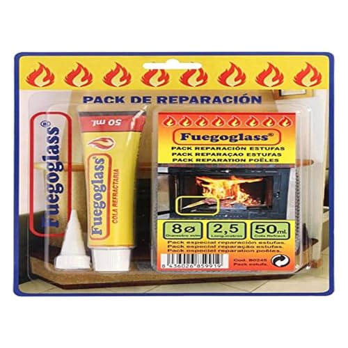 WOLFPACK LINEA PROFESIONAL - Kit Reparacion Estufas/Chimeneas, Cola Refractaria y Cordon Fibra Vidrio 8 mm. x 2,5 m.