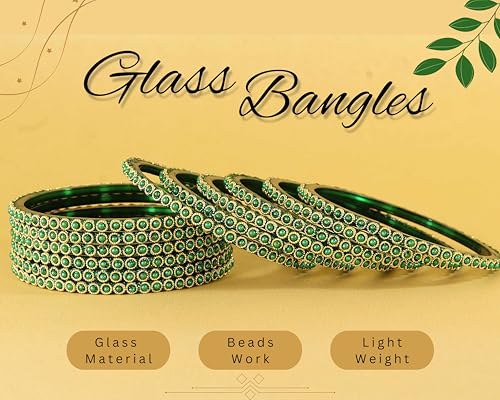 Image of NMII Glass Golden Beads & Pearls Moti Work Designer Bangles Set For Women & Girls | Kanch ki Chudi Set | Girl's Bangles Bracelet | Glass Bangles | Daily, Wedding, Party, Fashion Jewellery- Set of 12