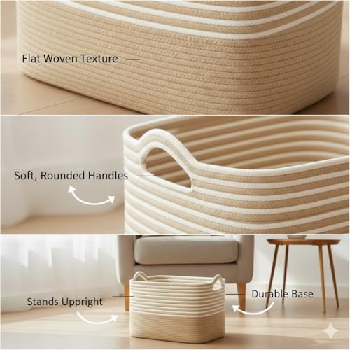Image of Large Storage Basket, Woven Blanket Basket, Toy Basket with Handle, Laundry Hamper for Living Room, Nursery, Bedroom- 20x15x12 (LXWXH) (beige mix)