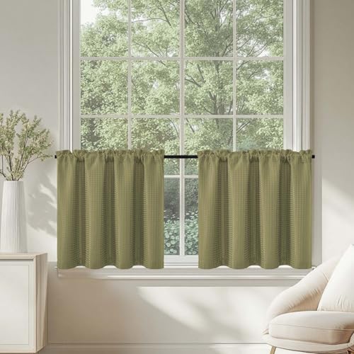 TOPICK Rideaux Cuisine Brise Bise Court Rideau, Motif Gaufre Vert 90L X 60H cm 2 Panneaux à Passe Tringle, pour Chambre Petite Fenêtre Placard Meuble Bas