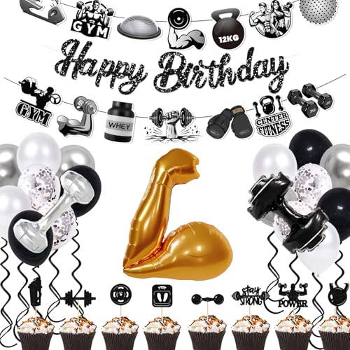 Gym Birthday Party Decorations, 30PCS Fitness Themed Set with Gold