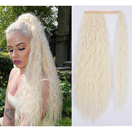 Stamped Glorious Long Corn Wave Ponytail Extension Magic Paste Heat Resistant Wavy Synthetic Wrap Around Ponytail Black Hairpiece for Women (22inch, 111)