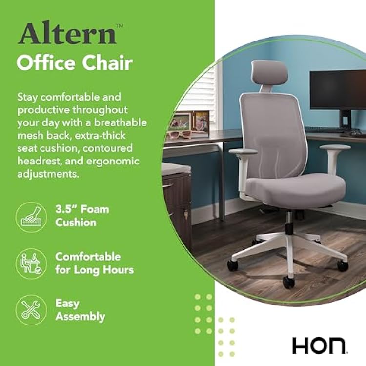 HON Altern Ergonomic Office Chair with Headrest, MidBack Mesh Desk Chair, Adjustable Arms, Seat Slide, SynchroTilt, Rolling Computer Seat for Home Office, White Frame, Apricot