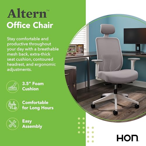 Image of HON Altern Ergonomic Office Chair with Headrest, Mid‑Back Mesh Desk Chair, Adjustable Arms, Seat Slide, Synchro‑Tilt, Rolling Computer Seat for Home Office, White Frame, Apricot