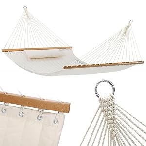 ZOLTA Hängematte mit Kissen zum Aufhängen - Mehrpersonen für 2 Personen 200 x 140 cm, Belastbarkeit bis 200 kg, für Terrasse, Balkon, Garten, Outdoor, Camping Beige Boho Streifen