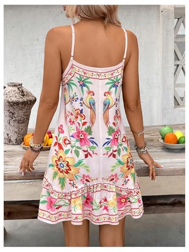 Image of RoseSeek Women's Boho Floral Beach Dress Summer Cover Up Mini Sundress | Spaghetti Strap, Ruffle Hem A Line Dress, Bathing Suit, Beach, Flowy Cami Sundress, Vacation Outfits
