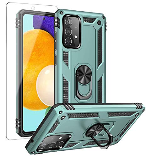 MMY Case for Samsung Galaxy A52 4G & 5G Case + Tempered Glass Screen Protector [Military-Grade] Defender Protective Phone Case with Magnetic Car Mount Metal Ring Kickstand Cover Case (Green)