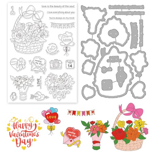 INFUNLY Valentine's Day Clear Stamps and Dies Love Silicone Stamp Flowers Stamps for Card Making Love Heart Stamps and Cutting Dies Flower Basket Stamps and Dies Set for DIY Craft Scrapbooking Decor