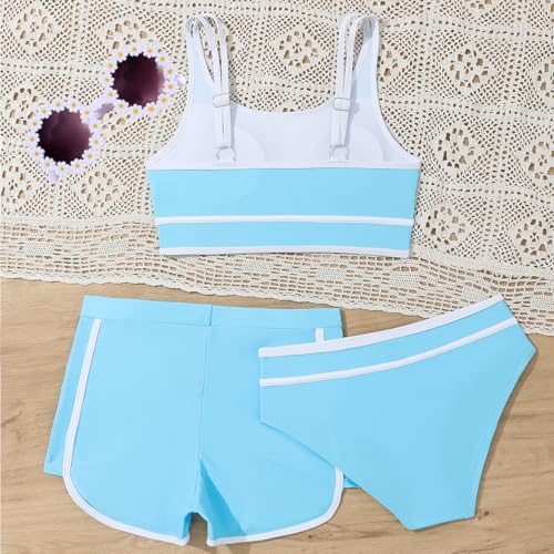 Image of Girls Swimsuits 3 Piece Bathing Suit Bikini Set with Sporty Shorts and Sunglasses Beach Swimwear for Girl 8-15 Years