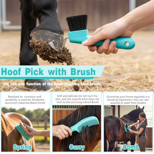 Abbylike 12 Piece Horse Grooming Kit with Organizer Tote Bag Brush Sets for Derby Day Show Horses Professional Tools for Care & Massage(Mint Green and Grey) - Image 7