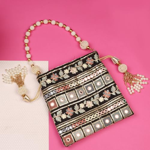 Image of LONGING TO BUY Indian Embroidered Pearl Potli Bag For Women, Sequence Design with Tassel, Wedding Potli Bags